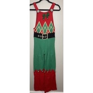 It’s Our Time Holiday Sleeveless Jumpsuit Size Small‎ Red green White Bells Bow